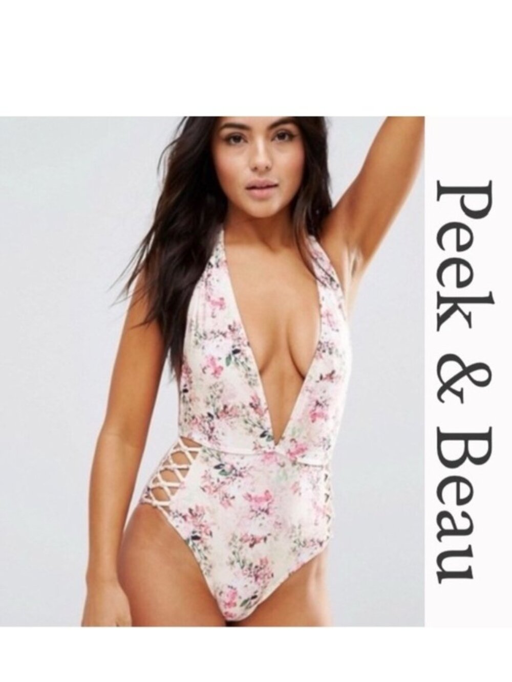 Peek & Beau X ASOS Swim | Pink Floral Plunge swimsuit | Size 8 B/C